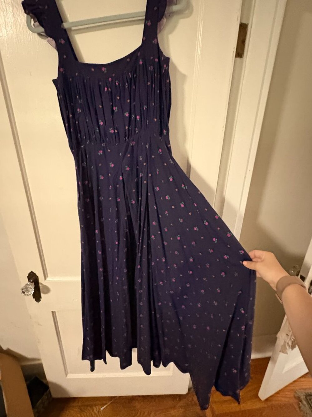Evi Grintela Navy Poplin Floral Maxi Dress with Ruffle Straps XS